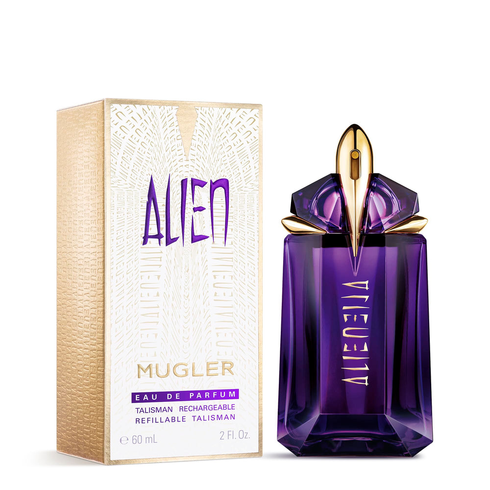 Mugler Alien refill-bottle image conveys sustainable luxury and extended use options.