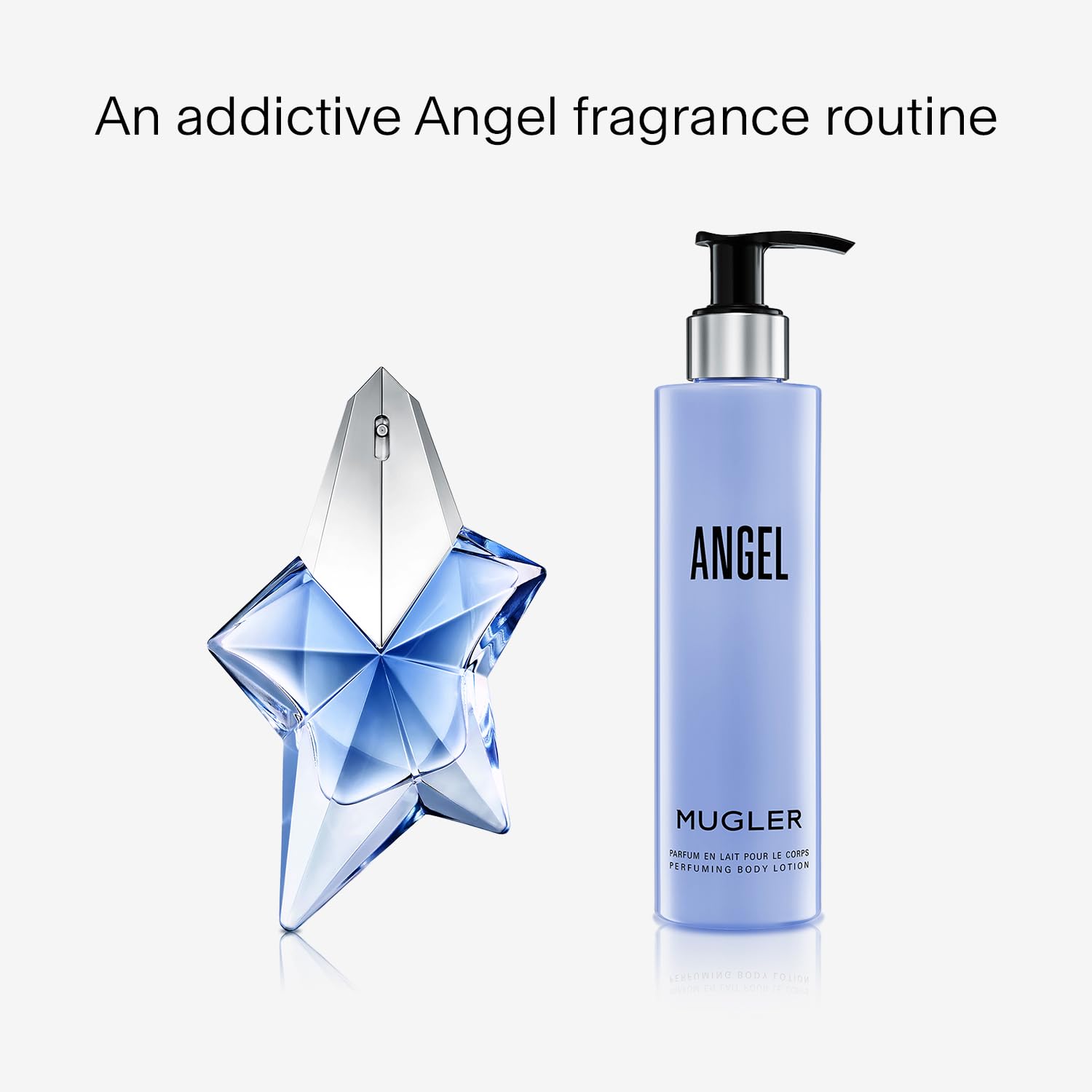 Mugler Angel Body Lotion packaging with star emblem cues luxury skincare ritual.