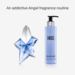 Mugler Angel Body Lotion packaging with star emblem cues luxury skincare ritual.