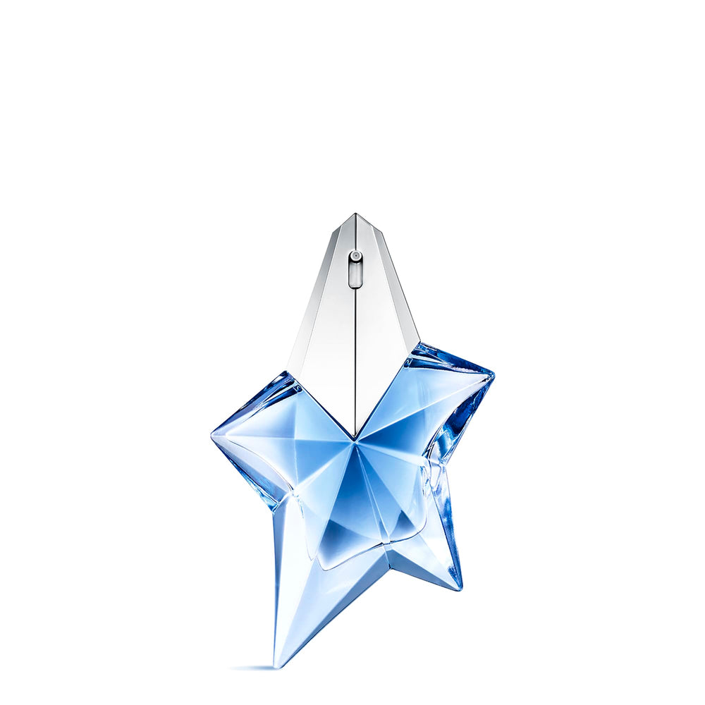 Mugler Angel bottle front view highlights iconic design for daily fragrance ritual.