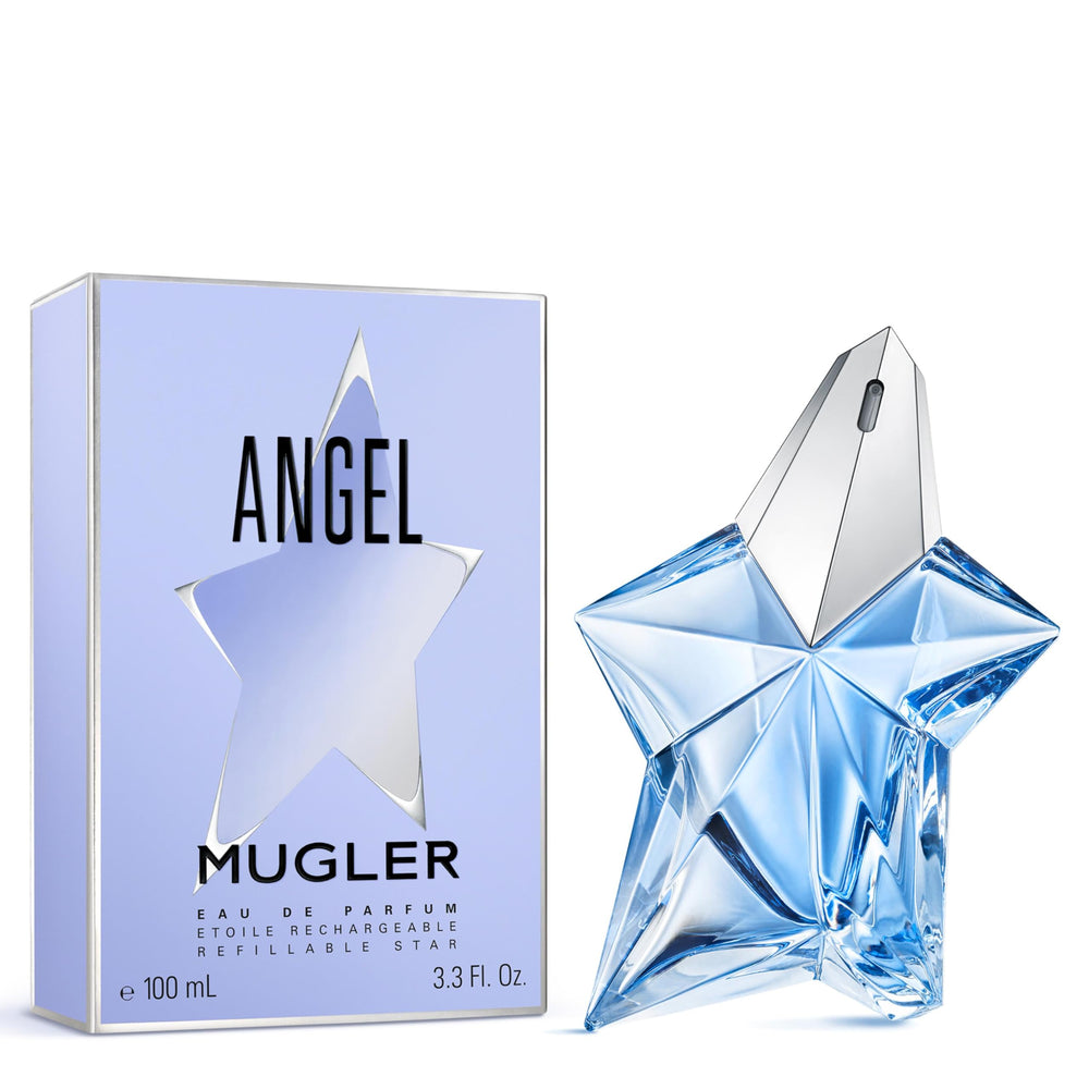 MUGLER Angel vanilla-patchouli base evokes warm depth for evening allure.