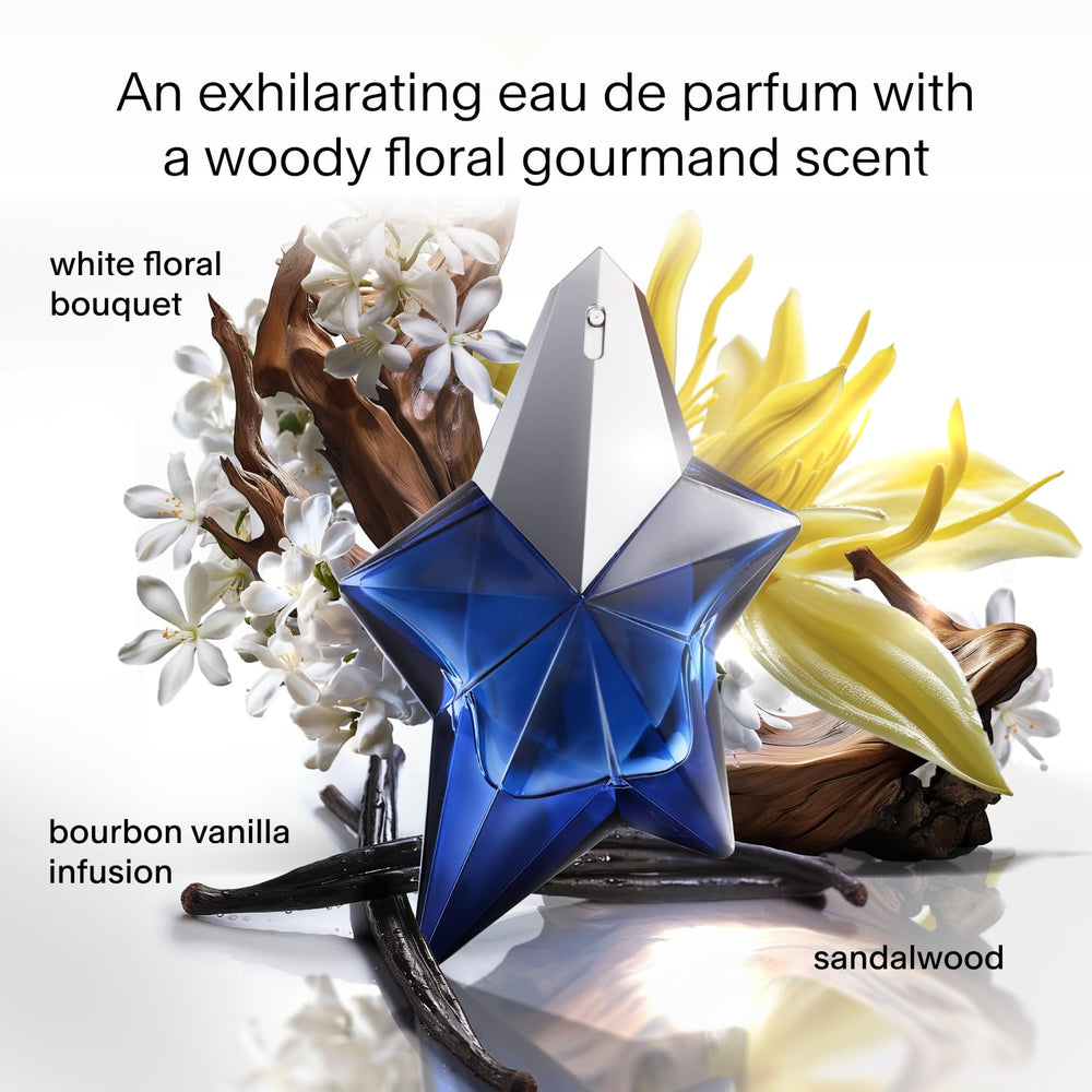 Mugler Angel Elixir spray bottle close-up highlighting floral-woody notes