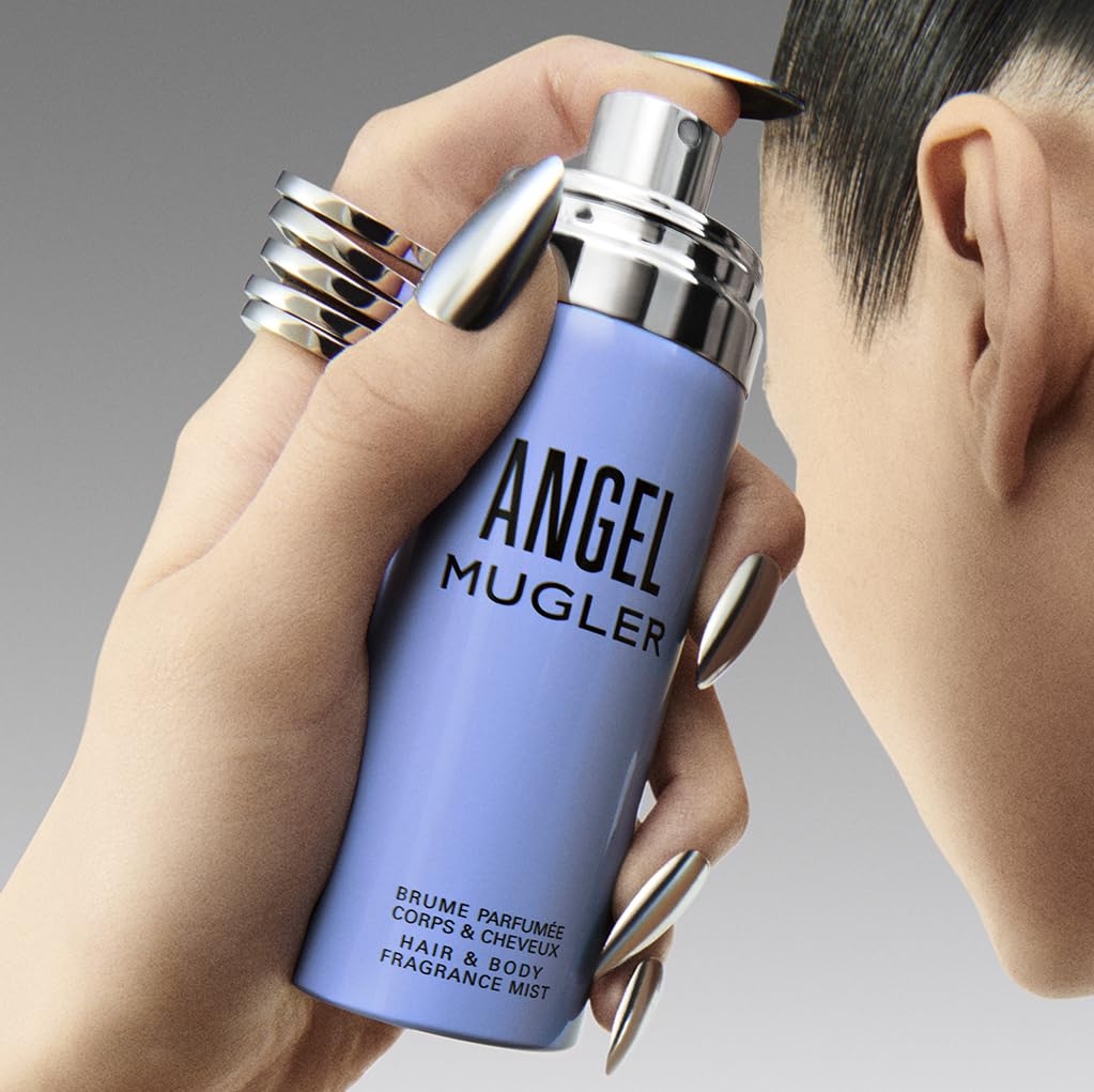 Mugler Angel Hair & Body Mist amber-woody notes signal warm, sensual scent for evenings.