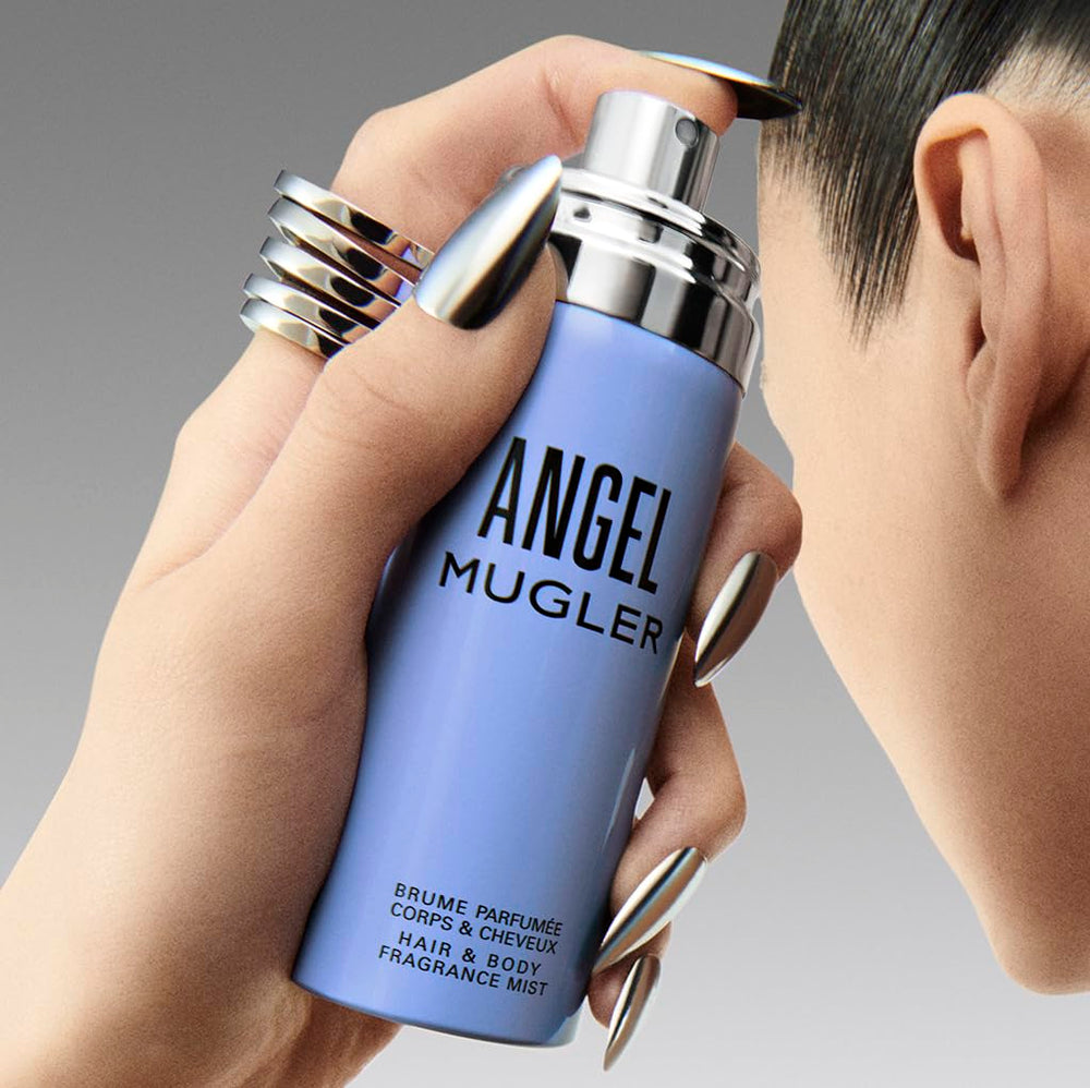 Mugler Angel Hair & Body Mist amber-woody notes signal warm, sensual scent for evenings.