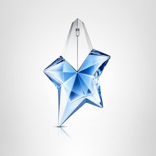 Mugler Angel packaging open reveals sleek bottle and refill option.