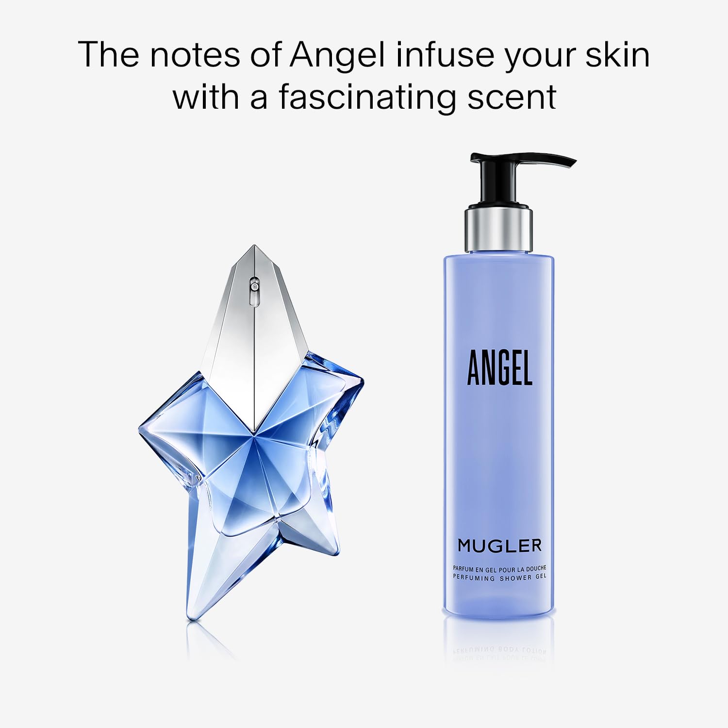 Mugler Angel shower gel foamy application close-up revealing rich fragrance.