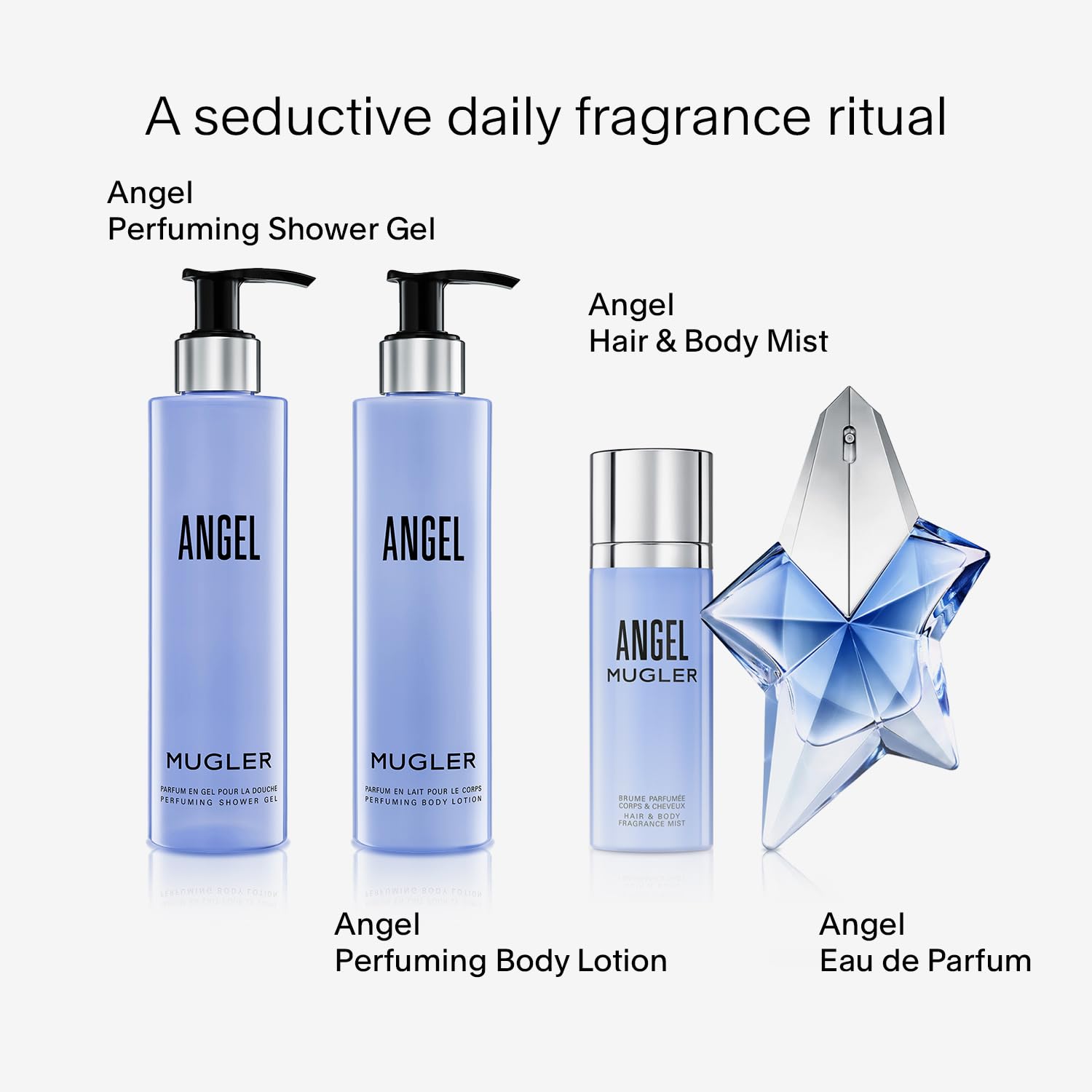 Mugler Angel star packaging featuring iconic branding for premium shower experience.