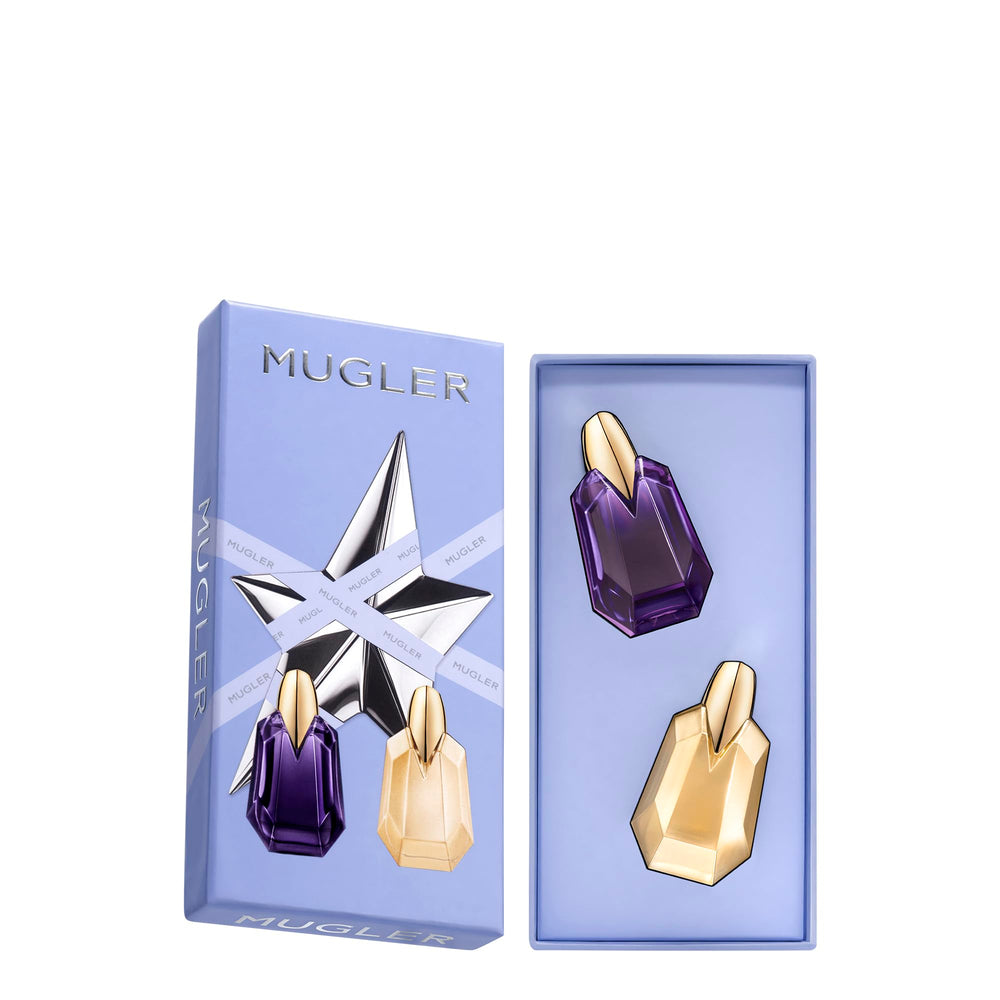 Mugler Gift set packaging close-up label emphasizes gift-ready appeal.