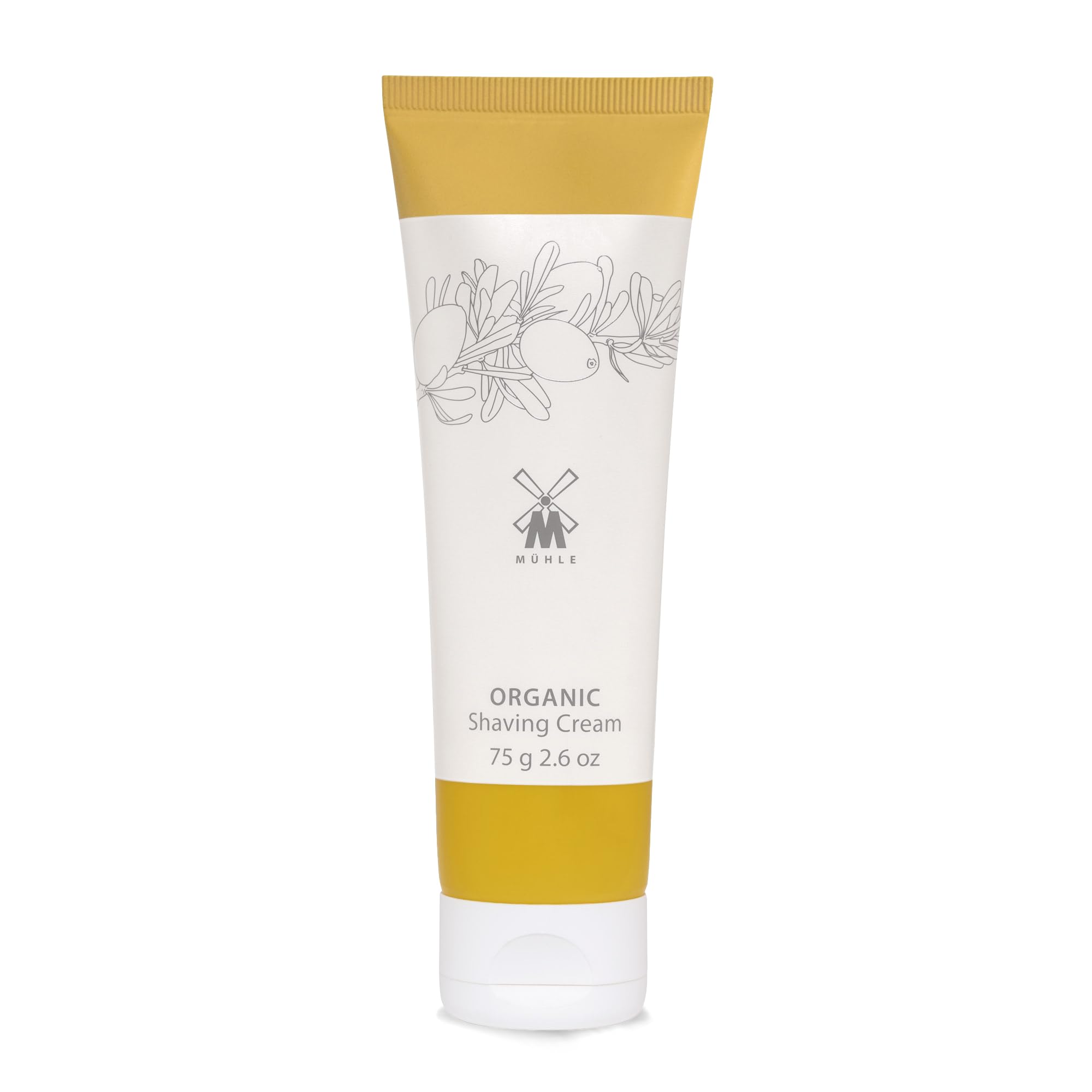 MÜHLE Organic Shaving Cream bottle close-up showing vegan formula for a smooth shave.