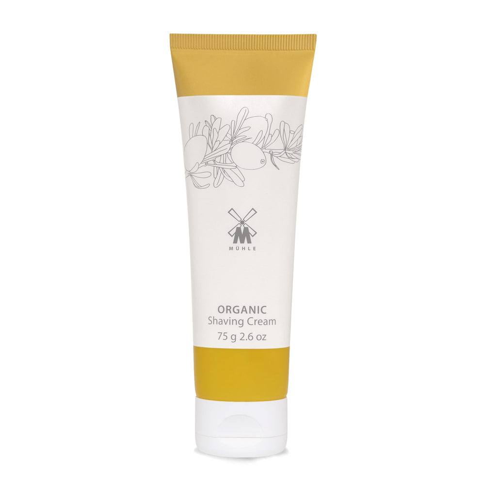 MÜHLE Organic Shaving Cream bottle close-up showing vegan formula for a smooth shave.