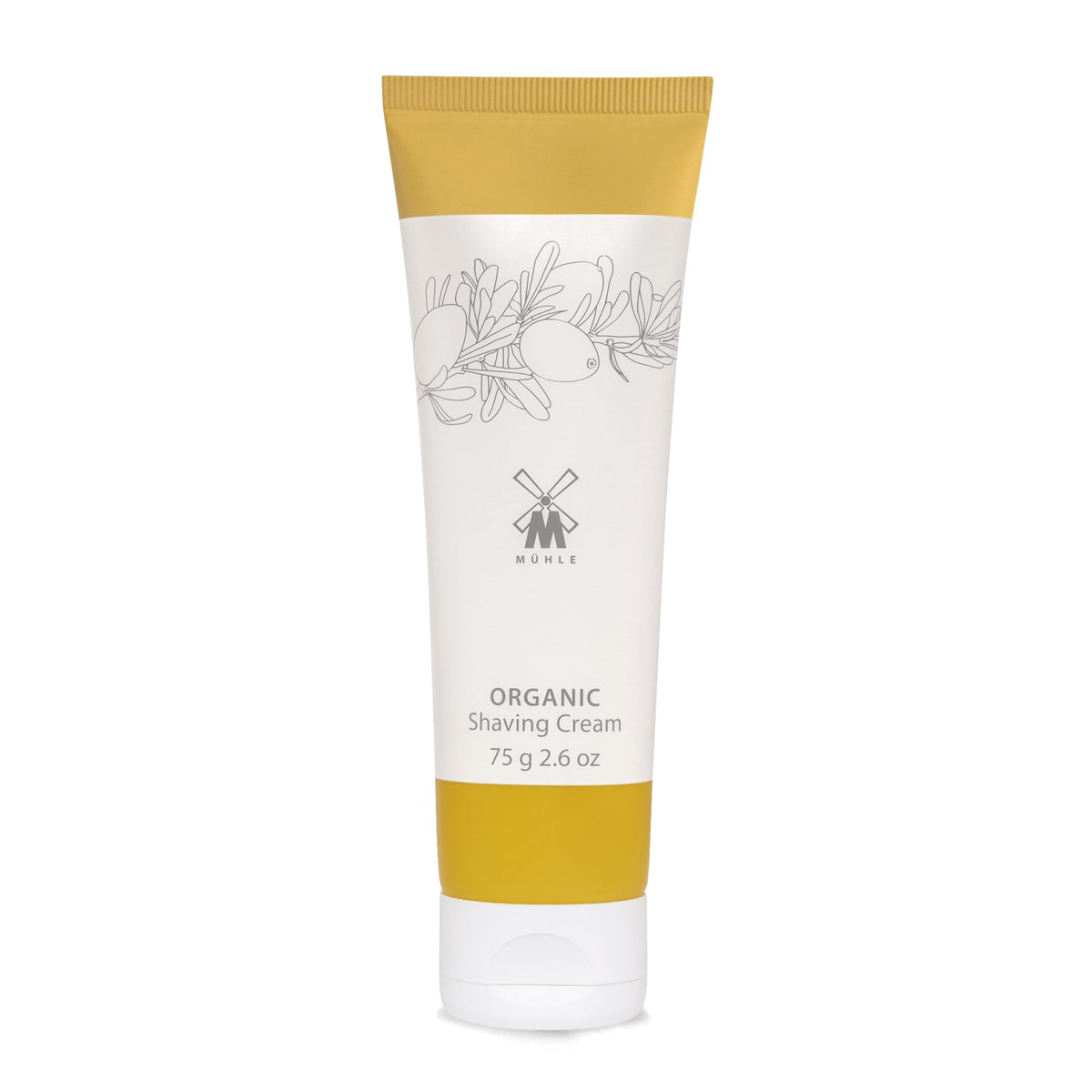 MÜHLE Organic Shaving Cream bottle close-up showing vegan formula for a smooth shave.