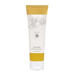 MÜHLE Organic Shaving Cream bottle close-up showing vegan formula for a smooth shave.