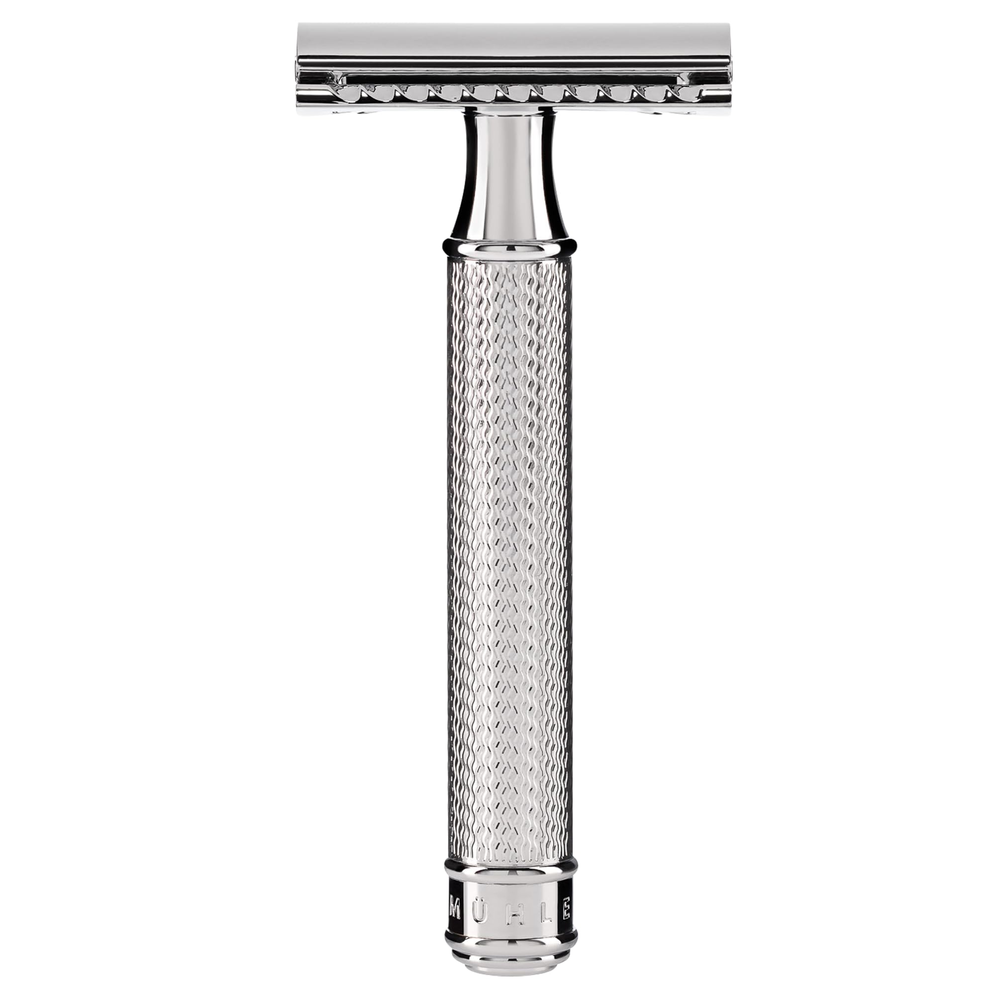 MÜHLE R89 chrome handle close-up highlights premium craftsmanship for a long-lasting shave