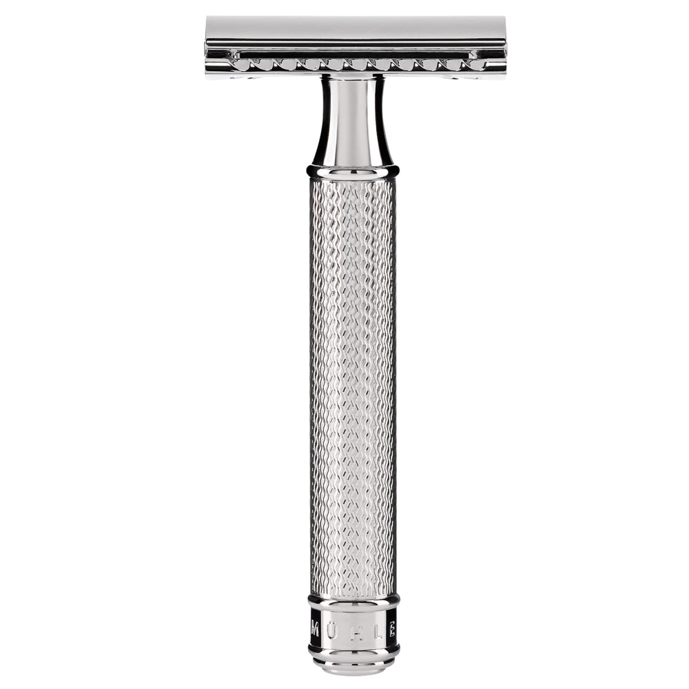 MÜHLE R89 chrome handle close-up highlights premium craftsmanship for a long-lasting shave