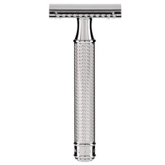 MÜHLE R89 chrome handle close-up highlights premium craftsmanship for a long-lasting shave