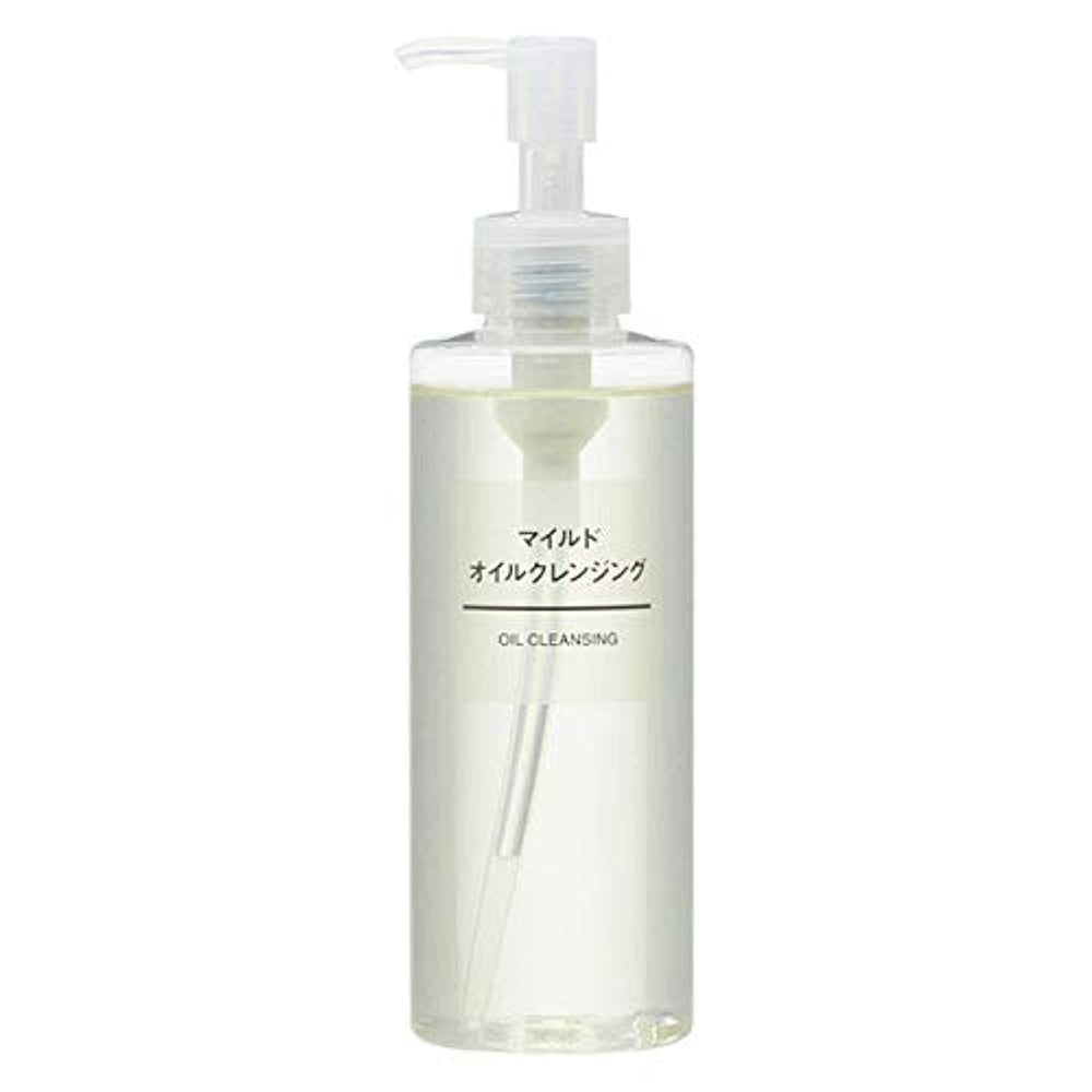 MUJI mild cleansing oil bottle pour shows silky texture for makeup removal.
