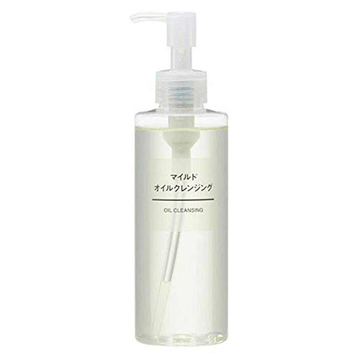 MUJI mild cleansing oil bottle pour shows silky texture for makeup removal.