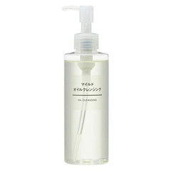 MUJI mild cleansing oil bottle pour shows silky texture for makeup removal.