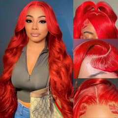 Mululi 30-inch red wig lace-front view shows natural hairline for versatile styling.