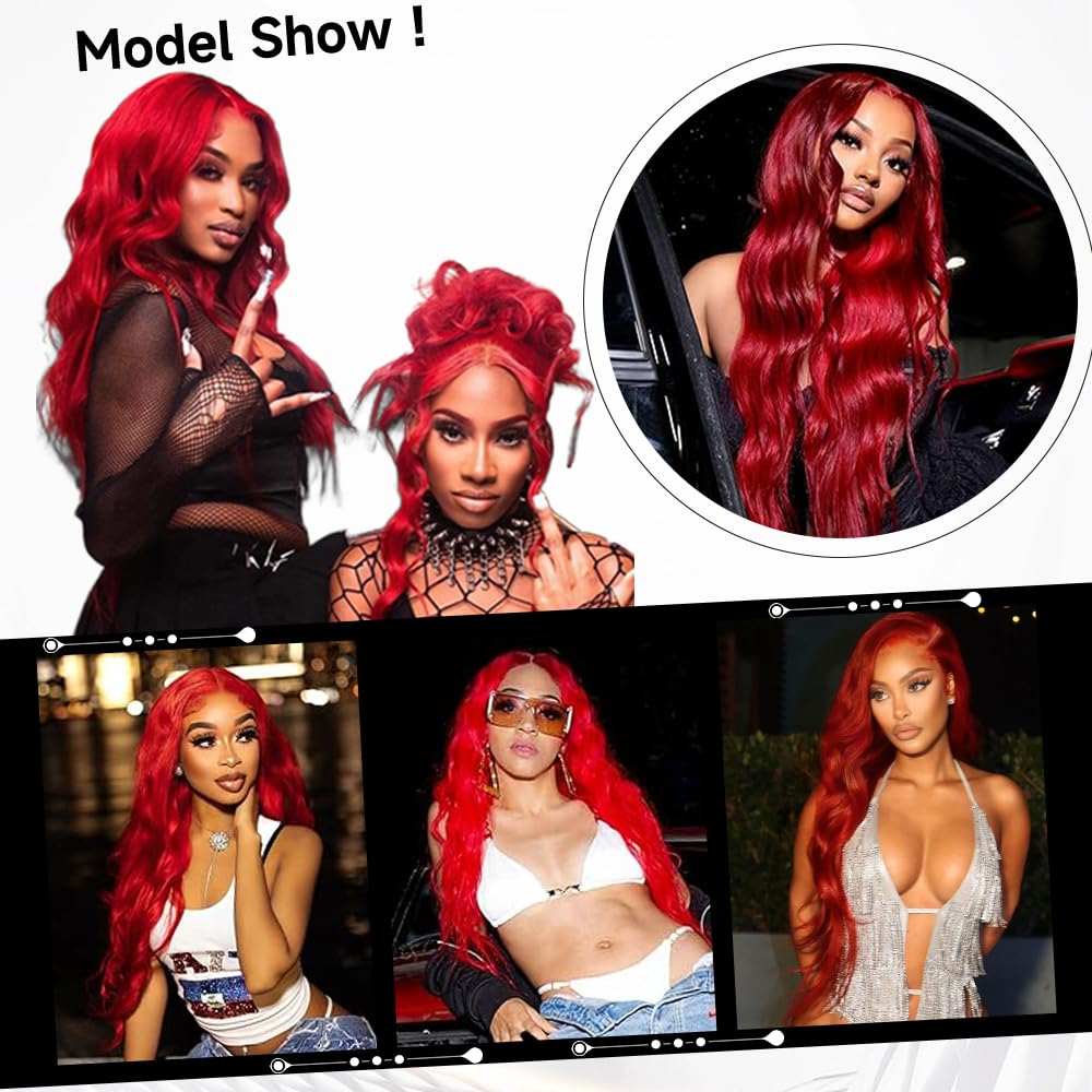 Mululi red wig body-wave hair close-up highlights texture and vivid color.