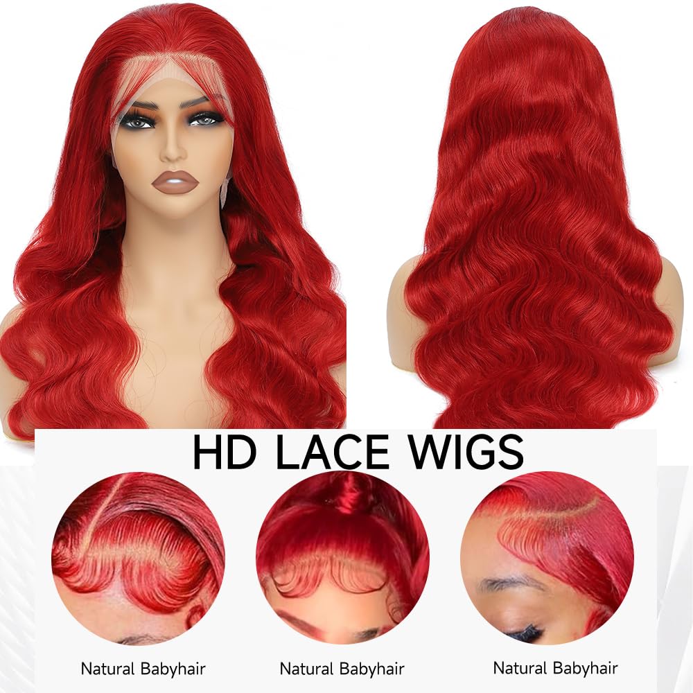 Mululi red wig 13x4 lace-front cap close-up shows breathable, invisible base.