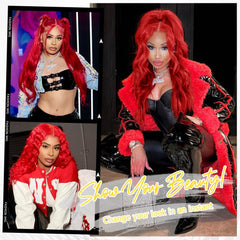 Mululi red wig natural hairline image emphasizes seamless parting options.