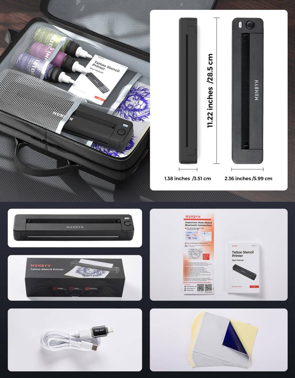 MUNBYN ITP06 product box shows included accessories and papers
