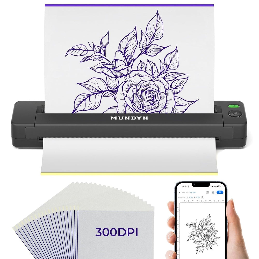 MUNBYN tattoo stencil printer ITP06 on desk showing precise stencil output for studio use