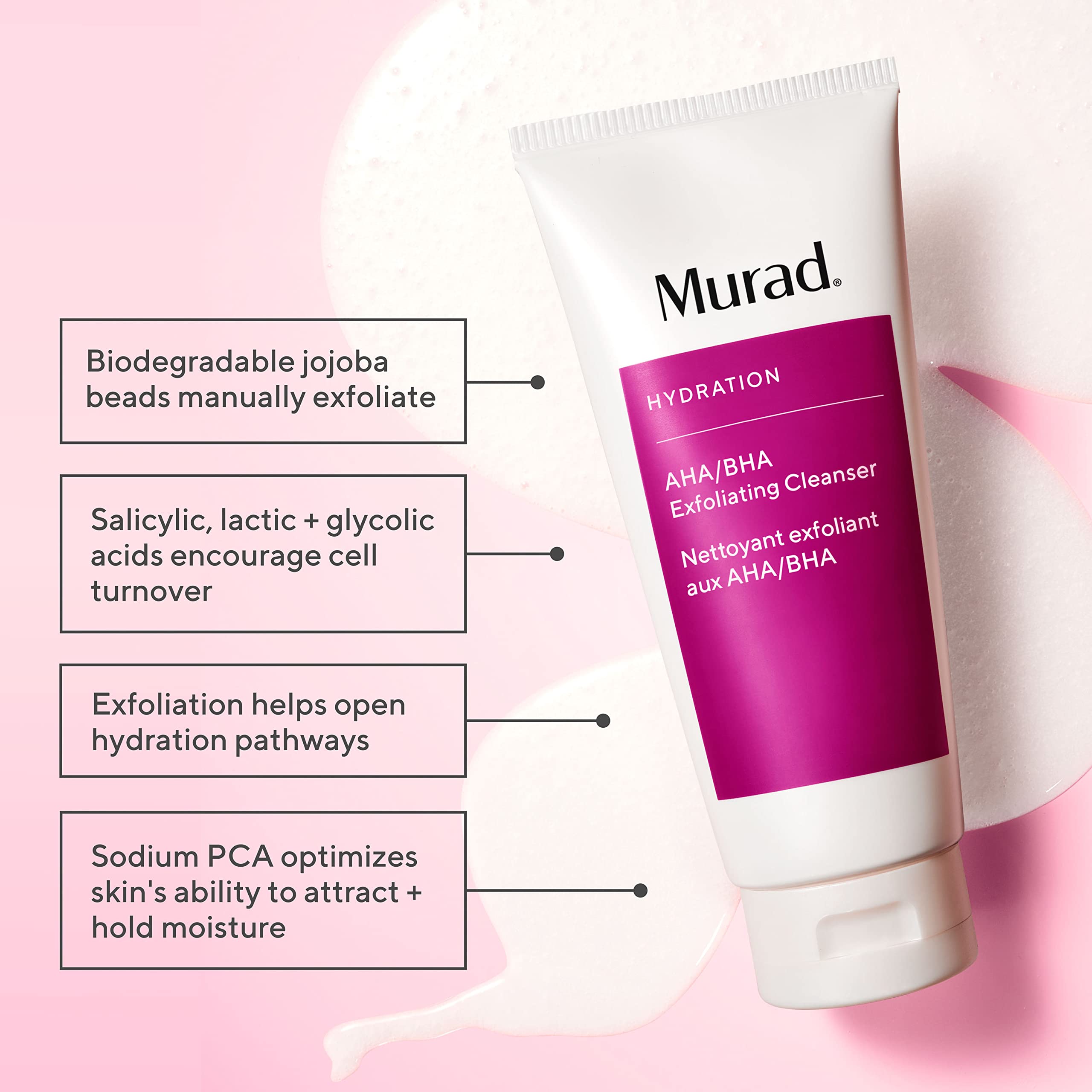 Murad bottle and label swatch illustrating gentle exfoliation and texture.