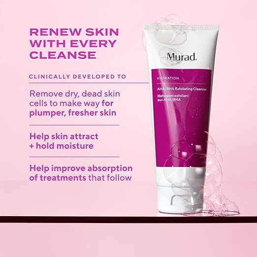 Murad AHA/BHA Exfoliating Cleanser texture closeup shows creamy exfoliation for gentle polishing.