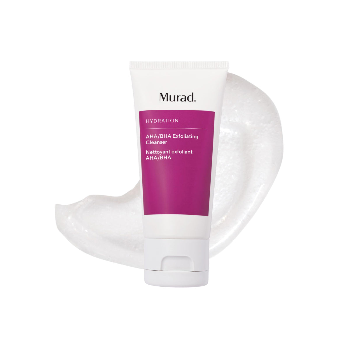 Murad AHA/BHA Exfoliating Cleanser tube close-up, creamy texture for smoother skin.