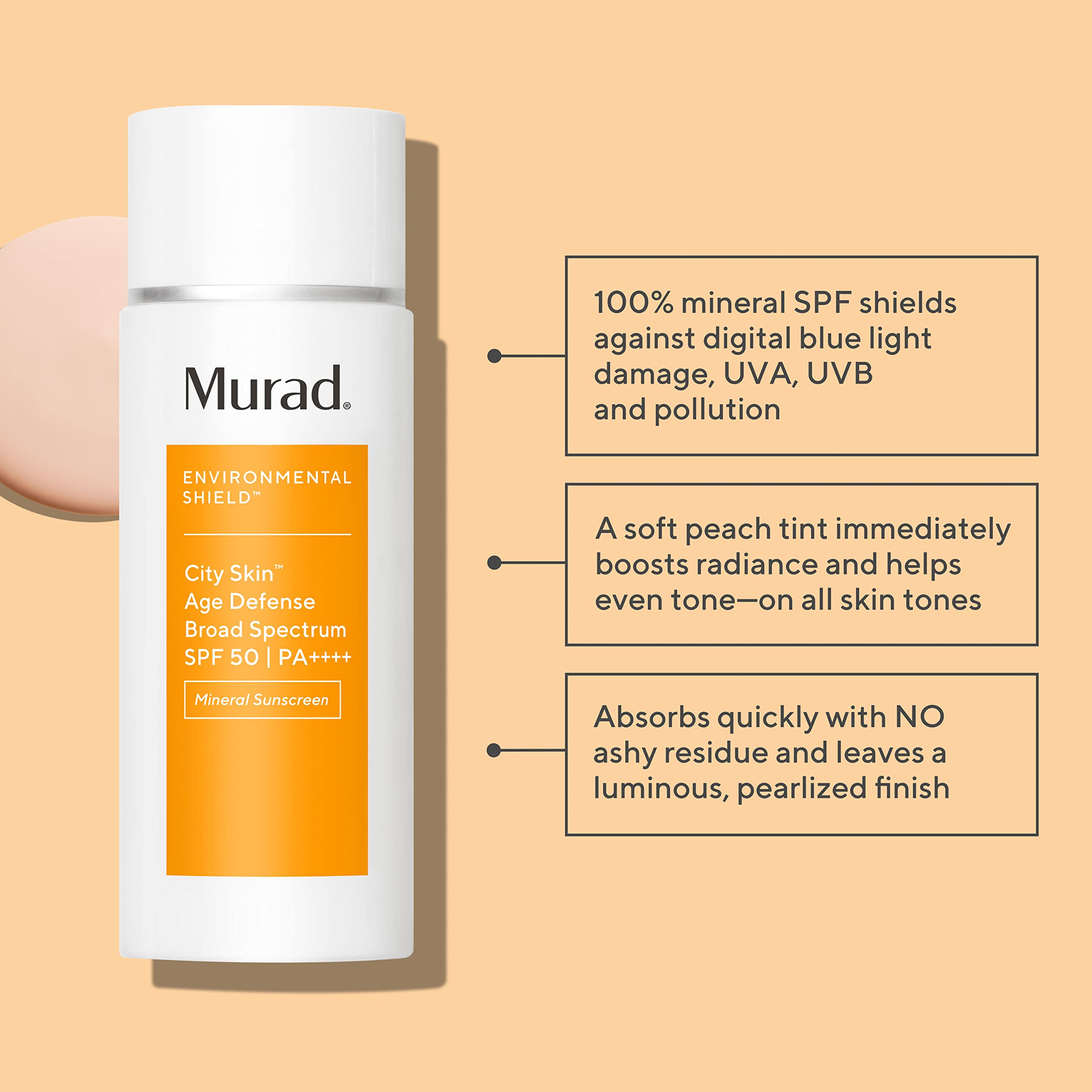 Murad City Skin Age Defense SPF 50 swatch with soft peach tint for color correction