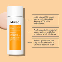 Murad City Skin Age Defense SPF 50 swatch with soft peach tint for color correction