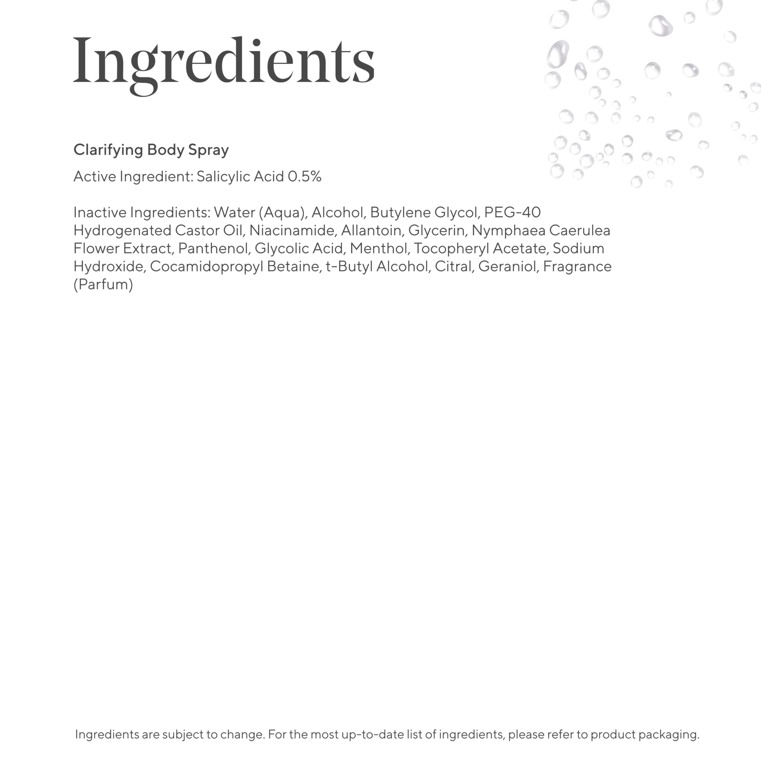 Murad Clarifying Body Spray in-use close-up shows quick-absorbing texture