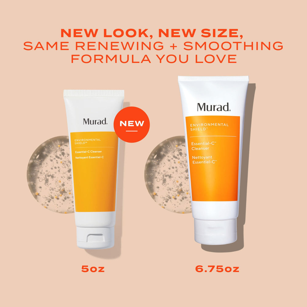 Murad Essential-C urban-pollution-cleansing image highlights impurity removal during city days.