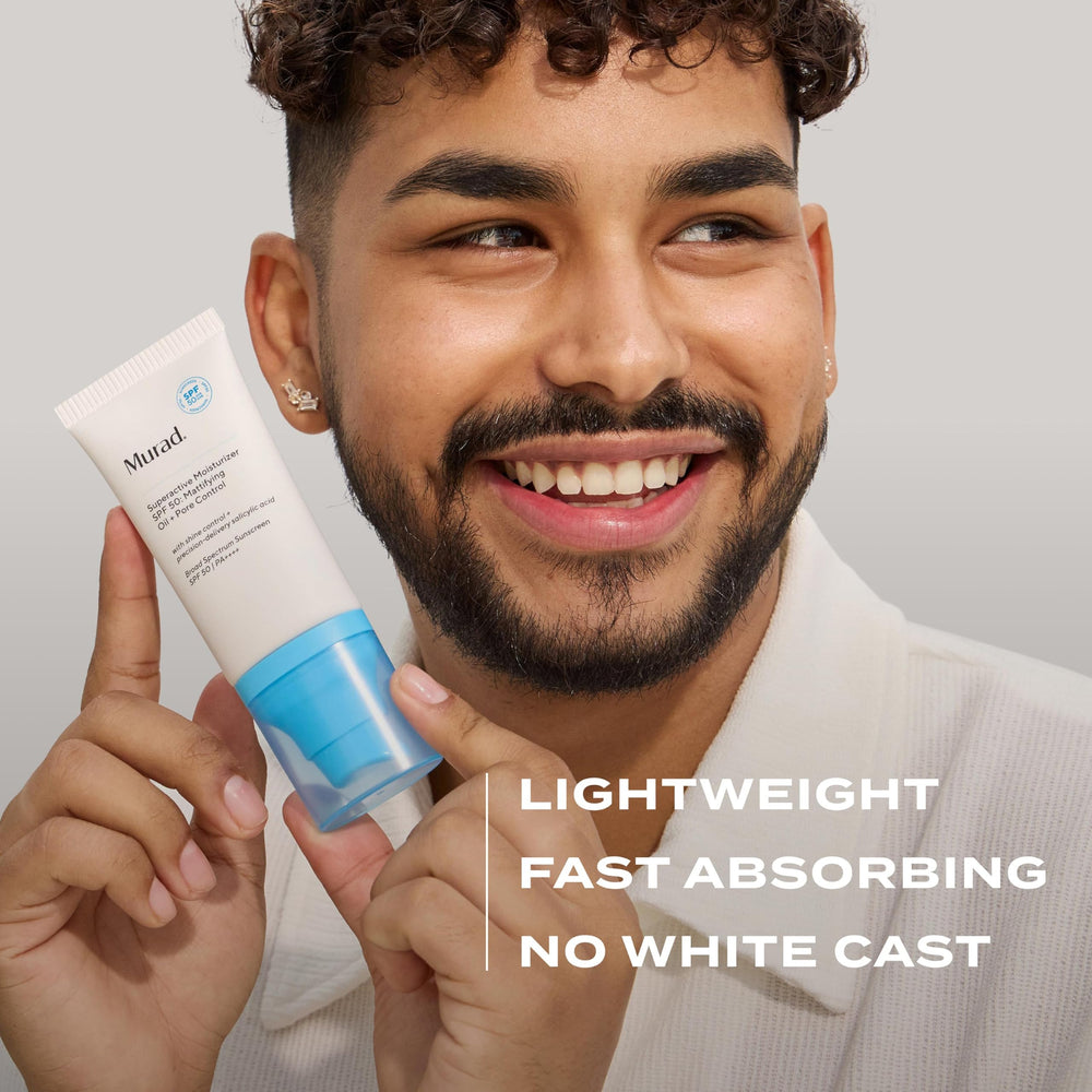 Murad mattifying finish on skin shows reduced shine in daylight.