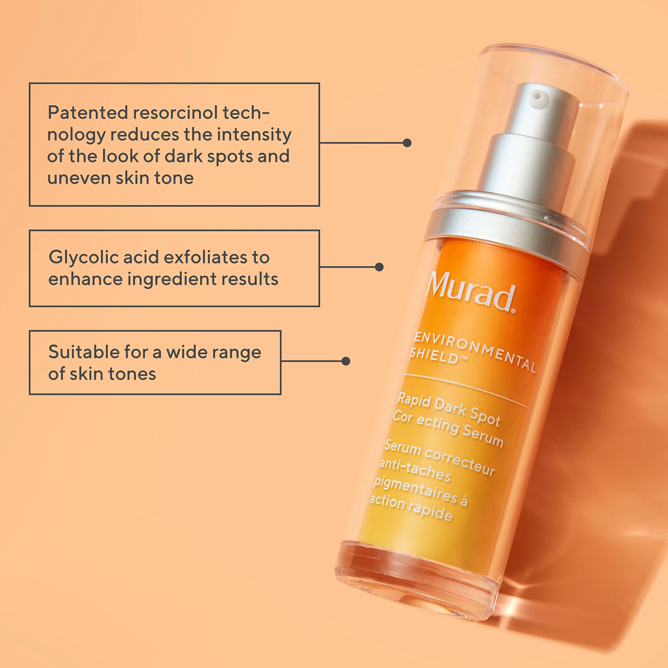 Murad Rapid Dark Spot Serum dropper-closeup highlights resorcinol-powered correction for dark spots