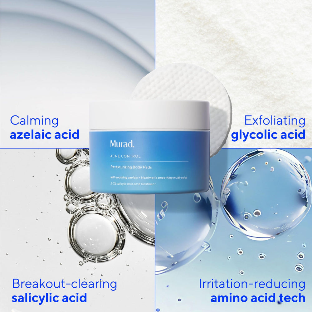 Murad Retexturizing Body Pads application on arm illustrates soothing irritation while refining texture