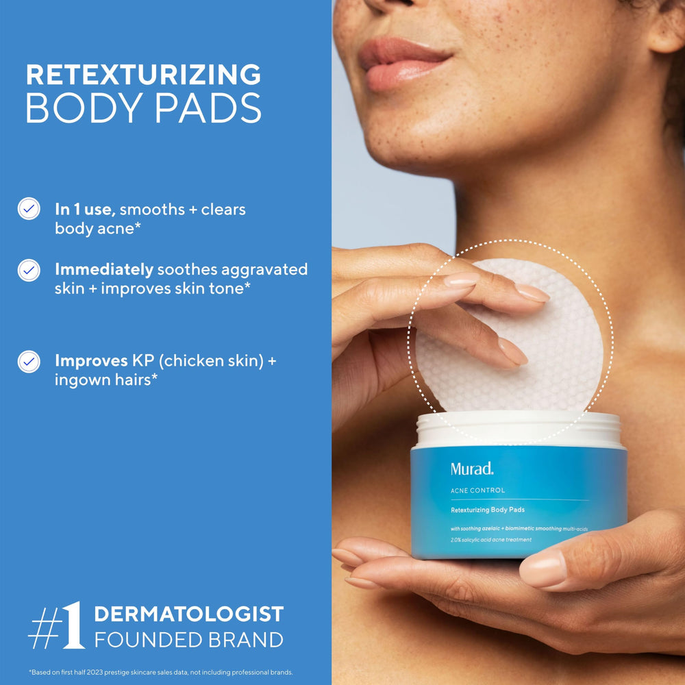 Murad Retexturizing Body Pads bottle and pads show convenient, fragrance-free exfoliation for clear skin