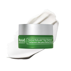 Murad Retinal ReSculpt Eye Lift Treatment jar closeup shows luxurious eye cream texture for nightly lifting.