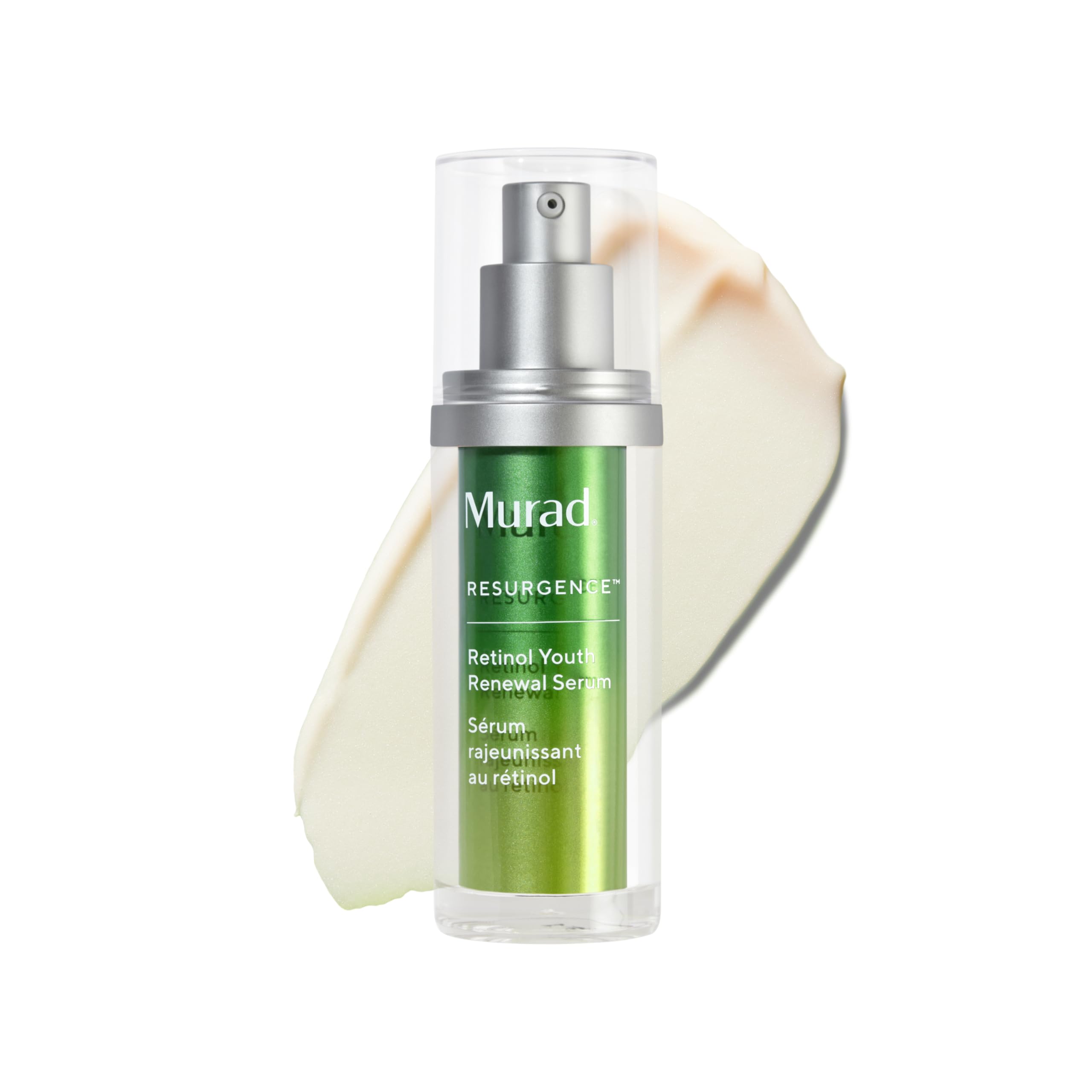 Murad Retinol Youth Renewal Serum bottle shows sleek packaging for fast-acting wrinkle reduction.