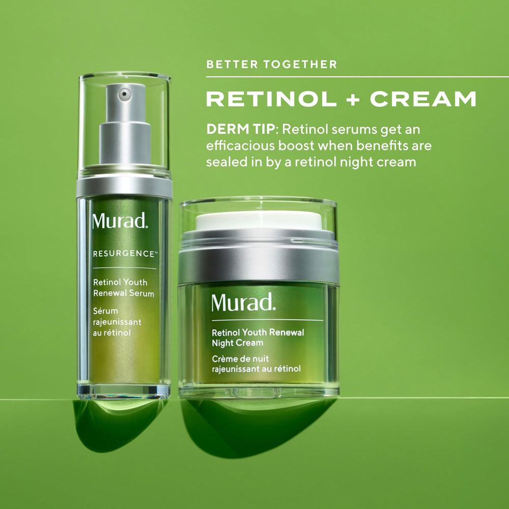 Murad Retinol Youth Renewal Serum texture close-up reveals creamy, non-greasy finish.