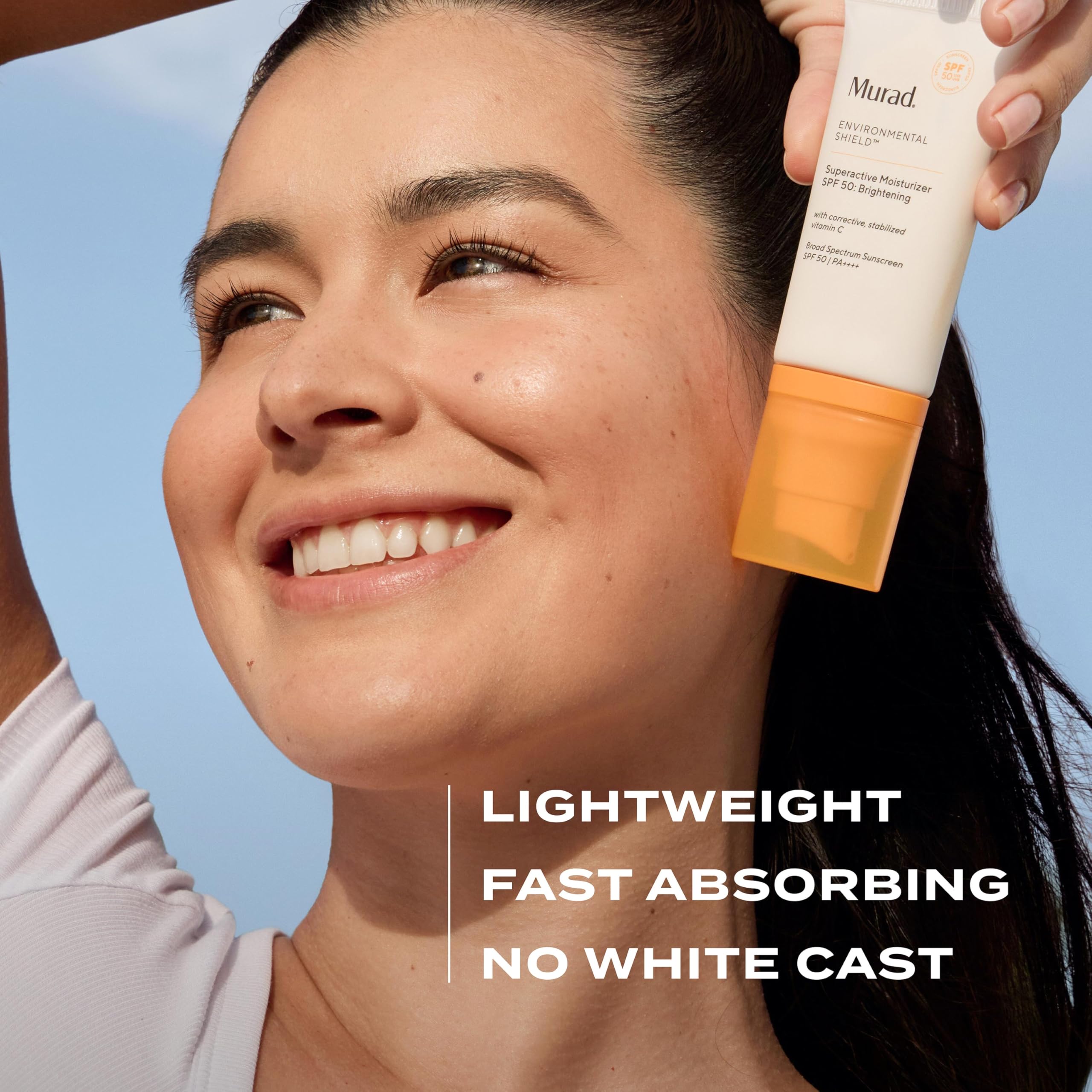 Murad brightening moisturizer SPF 50 glow on cheek for instant radiance.
