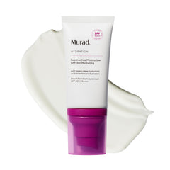 Murad Superactive Hydrating Moisturizer SPF 50 bottle closeup shows dewy hydration and protection.