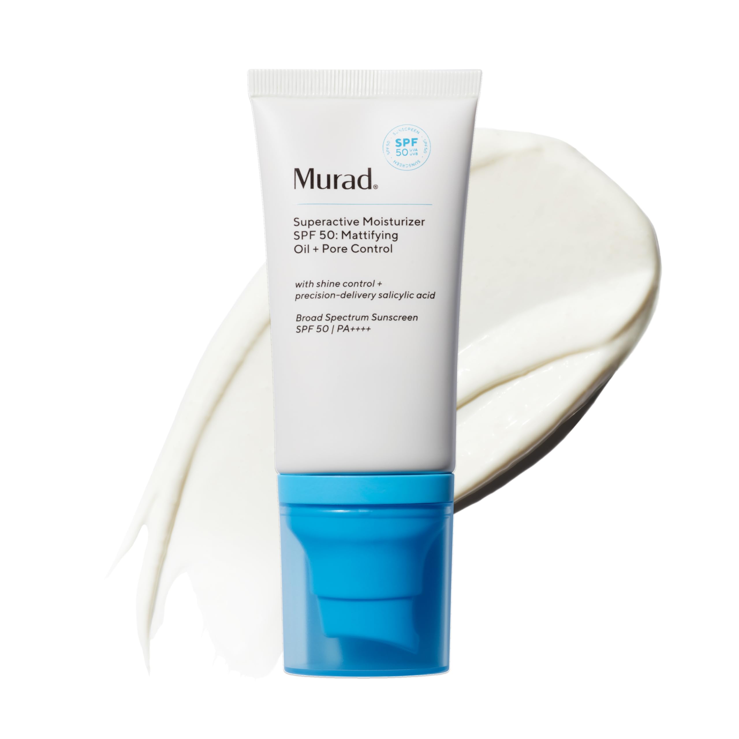 Murad Superactive bottle with SPF 50 highlights shine control and pore-smoothing benefits.