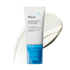Murad Superactive bottle with SPF 50 highlights shine control and pore-smoothing benefits.