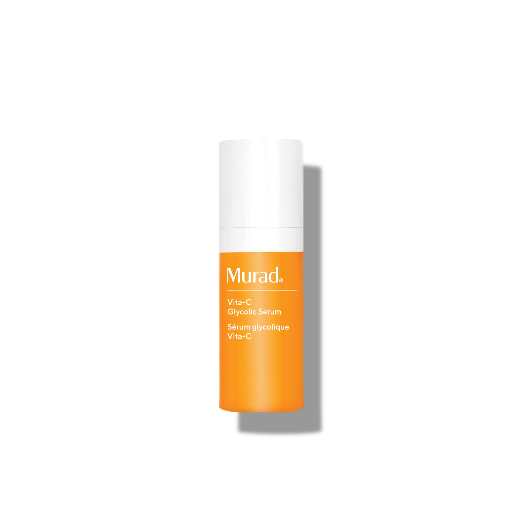 Murad Vita-C Glycolic Serum bottle closeup highlights brightening vitamin C.