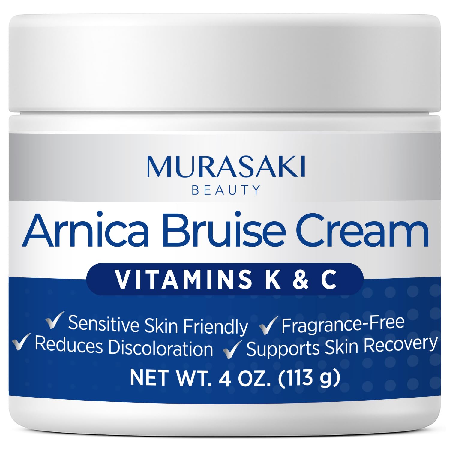 MURASAKI BEAUTY Arnica Bruise Cream jar shows concentrated formula for targeted bruise care.