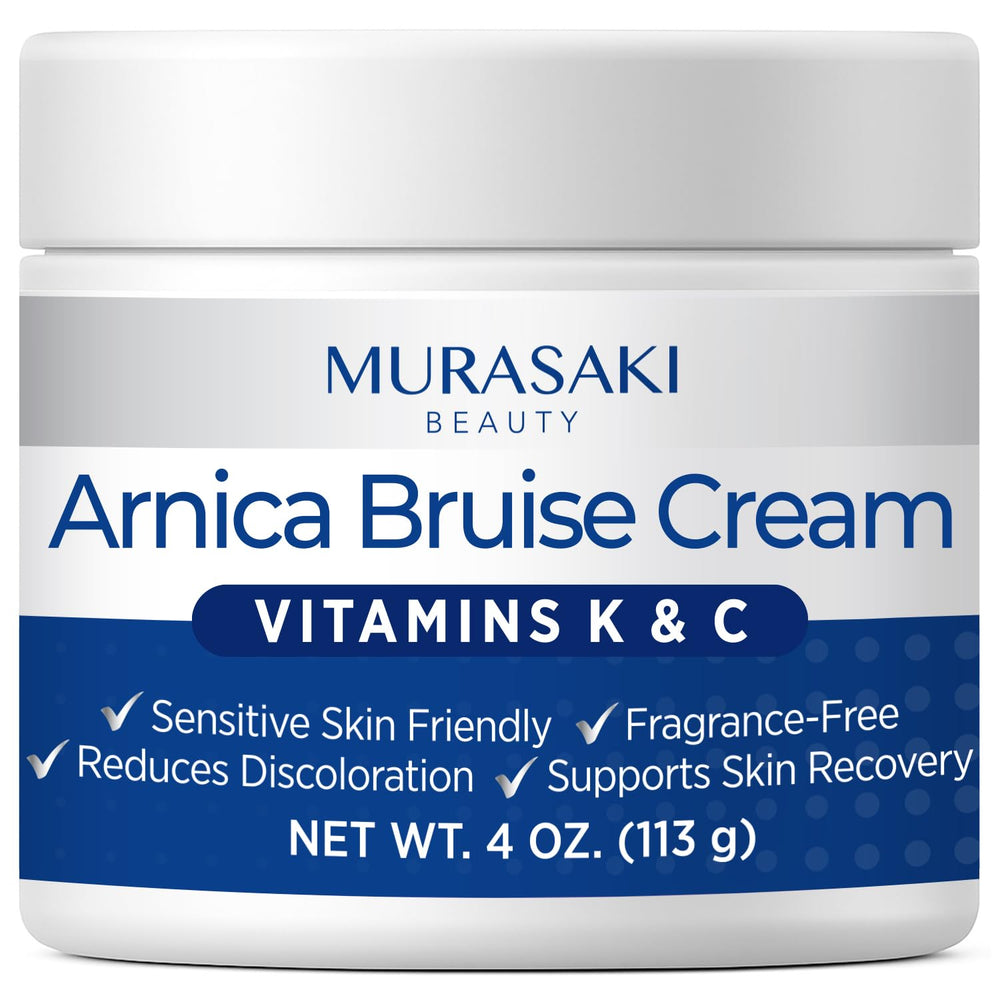 MURASAKI BEAUTY Arnica Bruise Cream jar shows concentrated formula for targeted bruise care.
