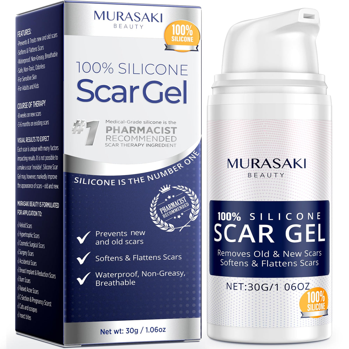 MURASAKI BEAUTY front tube view showing clear silicone gel and portable size benefit